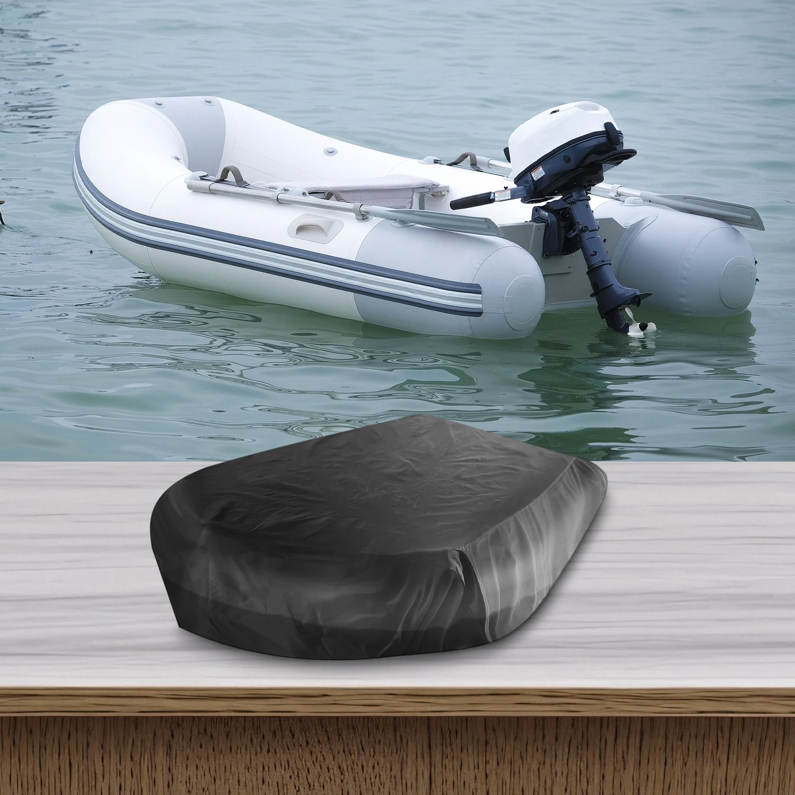 Waterproof inflatable boat cover crafted of 210D Oxford cloth including drawstring for adjustable and secure fit