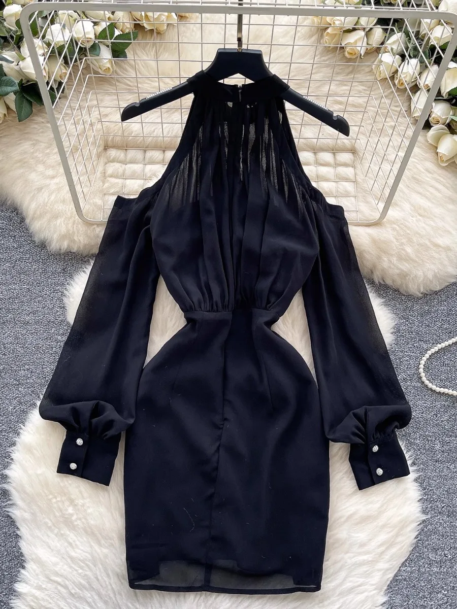 Foamlina Diamond-Encrusted Neck Off-Shoulder Chiffon Dress Female Elegant Celebrity Long Sleeve Pleated Split Bodycon Dresses