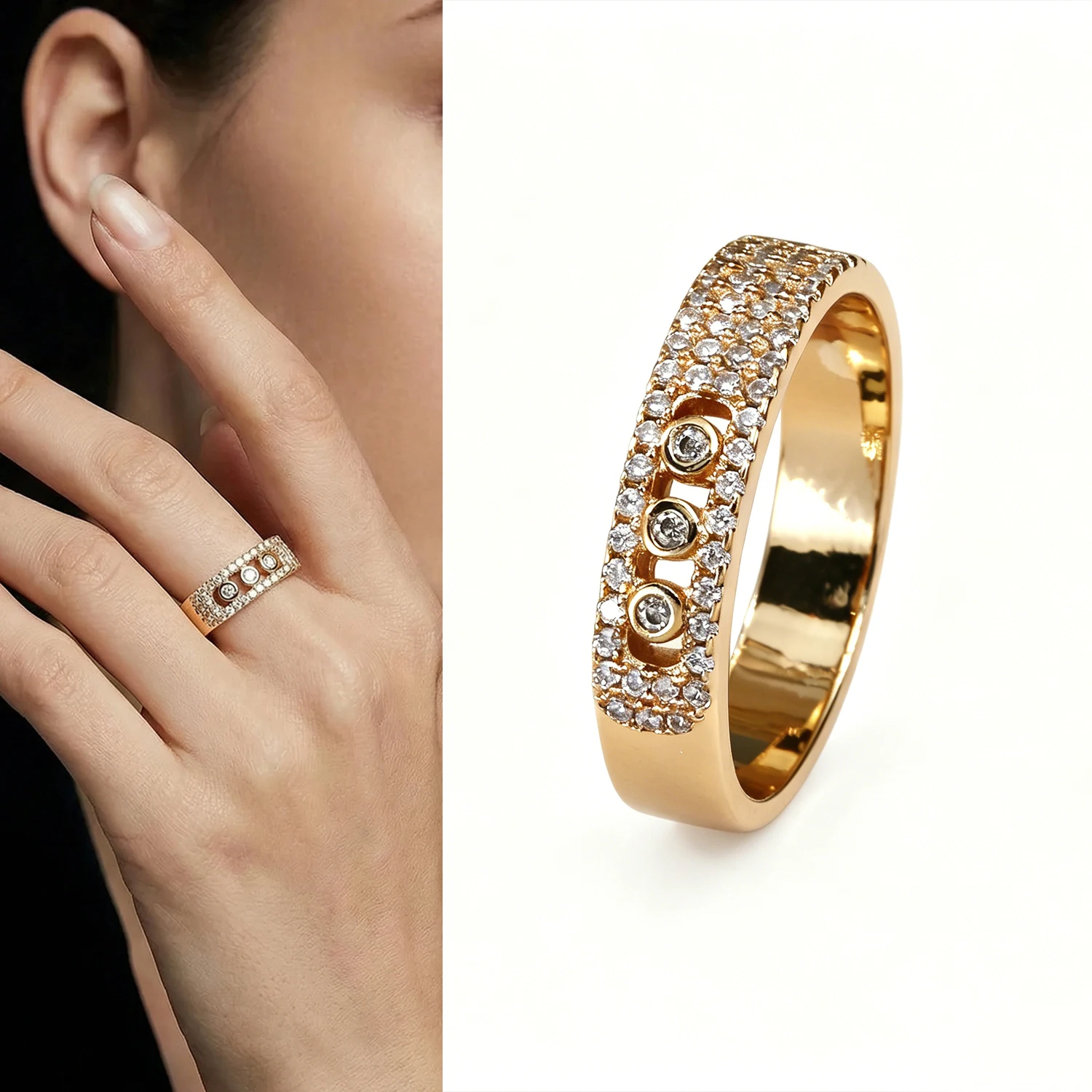Anillo de banda chapado en oro con 3 piedras de circonita cúbica móvil para mujer, anillo apilable de lujo con pavé de eternidad, joyería de regalo para bodas, fiestas y uso diario