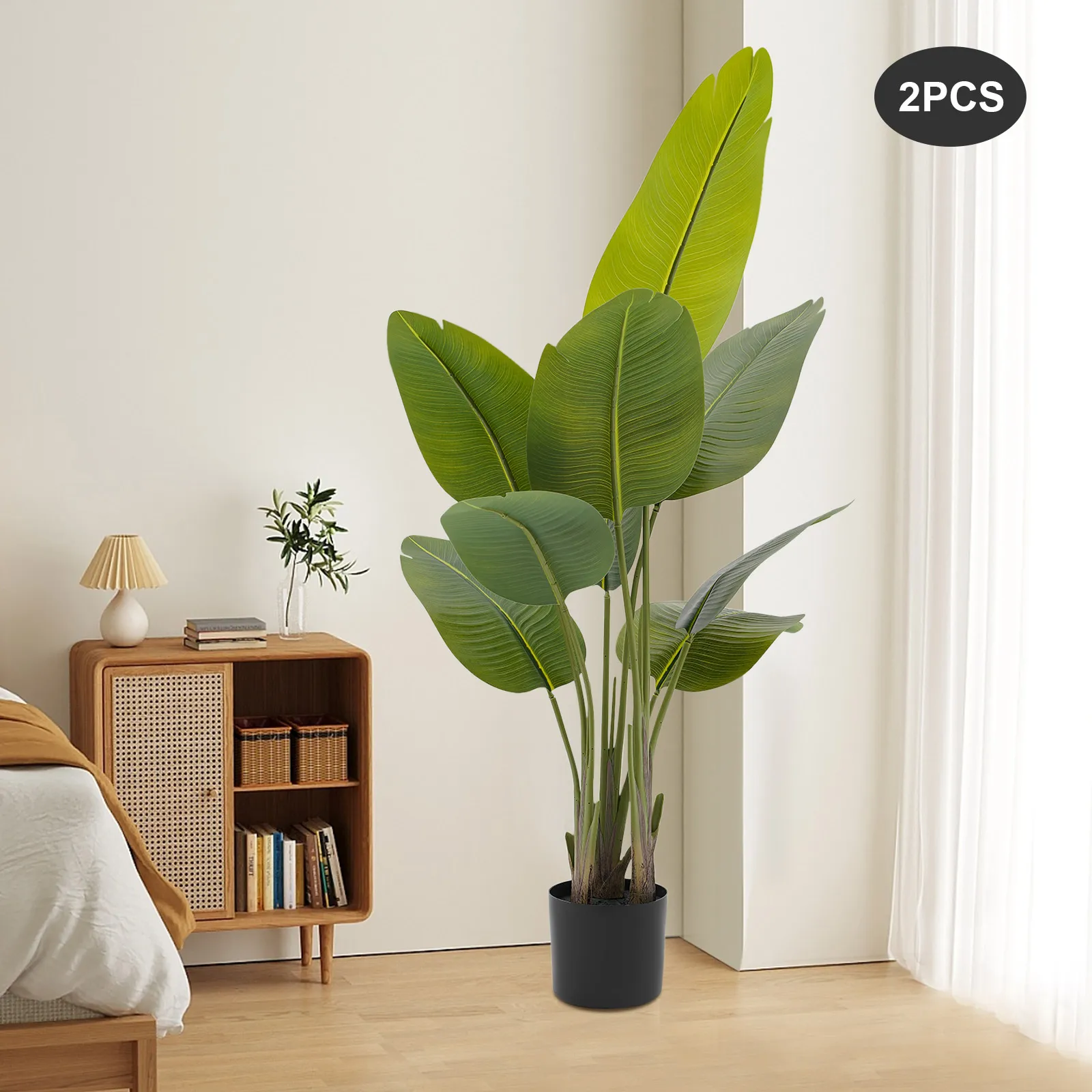 2Pcs Artificial Plants, Simulation Plants with Base, Fake Greenery Traveler Banana Leaf, Indoor Outdoor Home Office Decoration