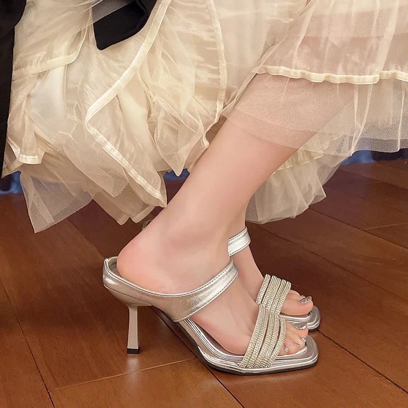 صيف جديد رئيس مربع مفتوح اصبع القدم مشرق رقيقة مع الانزلاق على المضادة للانزلاق مقاومة للاهتراء عالية الكعب خنجر النعال #2