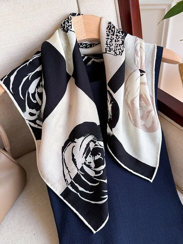 両面シルクスカーフ-レディース-65cm-暖かい-多用途-秋冬-新作-カシミヤスカーフ-おしゃれ-植物柄-花柄プリント