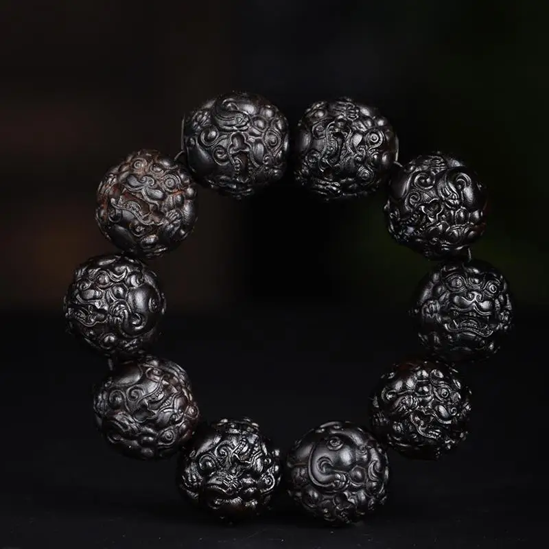 Bodhisattva Chess Agarwood Wood Carved Pixiu Dragon's Nine Sons Plain Beads Ethnic Style Buddhist Bead Bracelet