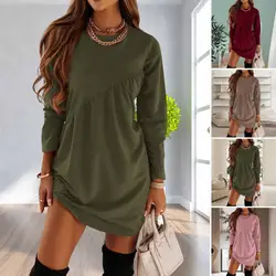 Autumn Winter Dress O-Neck Irregular Stitching Pleated Loose Waist Solid Color Long Sleeve Pullover Dress Streetwear vestidos