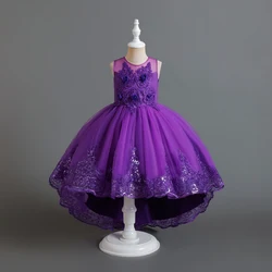 Purple Pink Autumn Elegant Kids Dress Princess Dress  Bridesmaid Wedding Dress Fluffy Dress Lace Trail Embroidered ChildWear