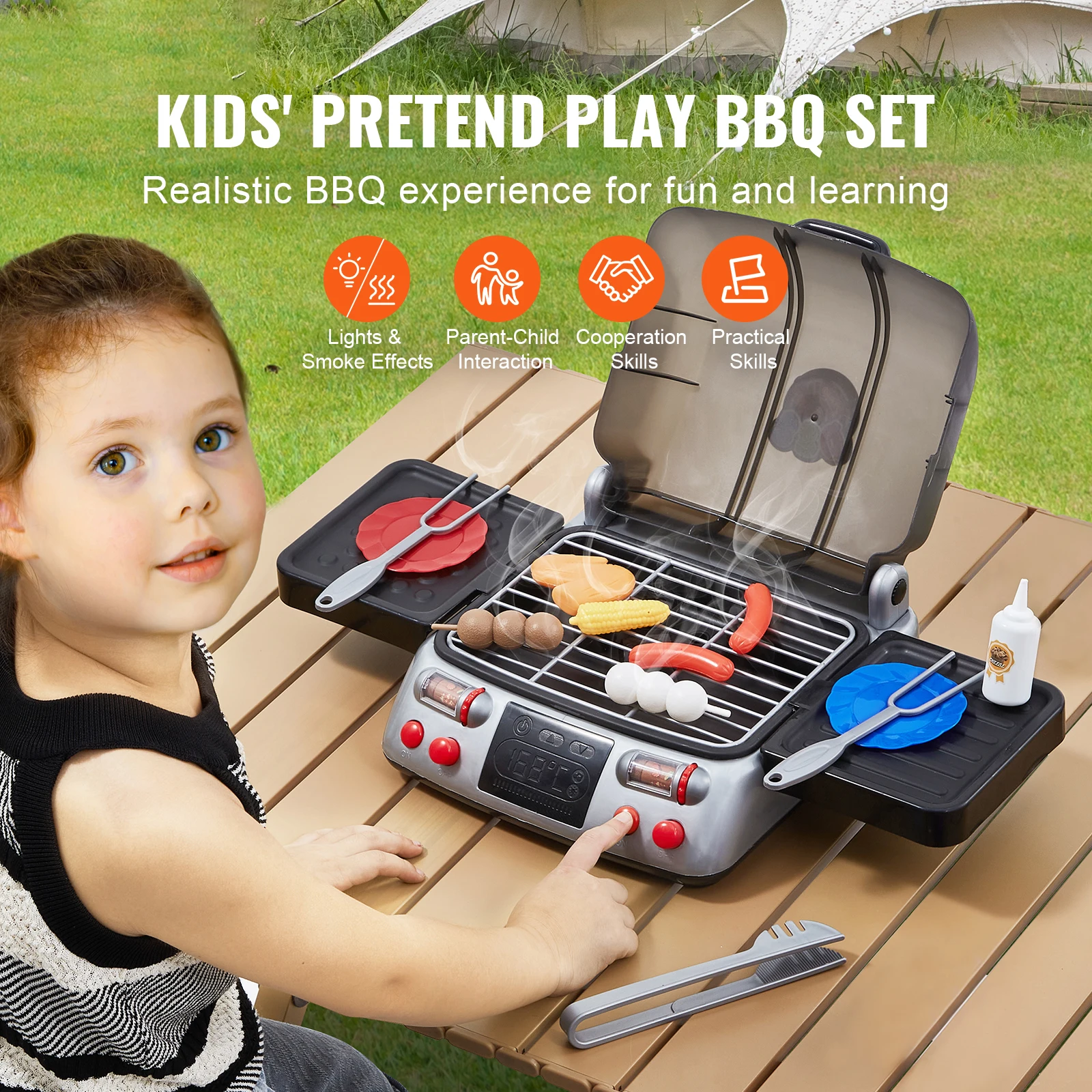 Vevor crianças churrasco grill brinquedo conjunto com fingir fumaça som cozinha brinquedos da criança churrasco playset para a menina crianças presentes de aniversário