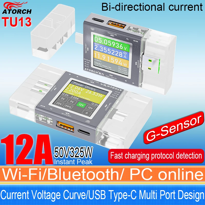 

TU13 48V Type-C PD3.0 Fast charging Protocol USB Tester Voltmeter Meter Mobile Phone Charger Capacity Monitor Scalable Features