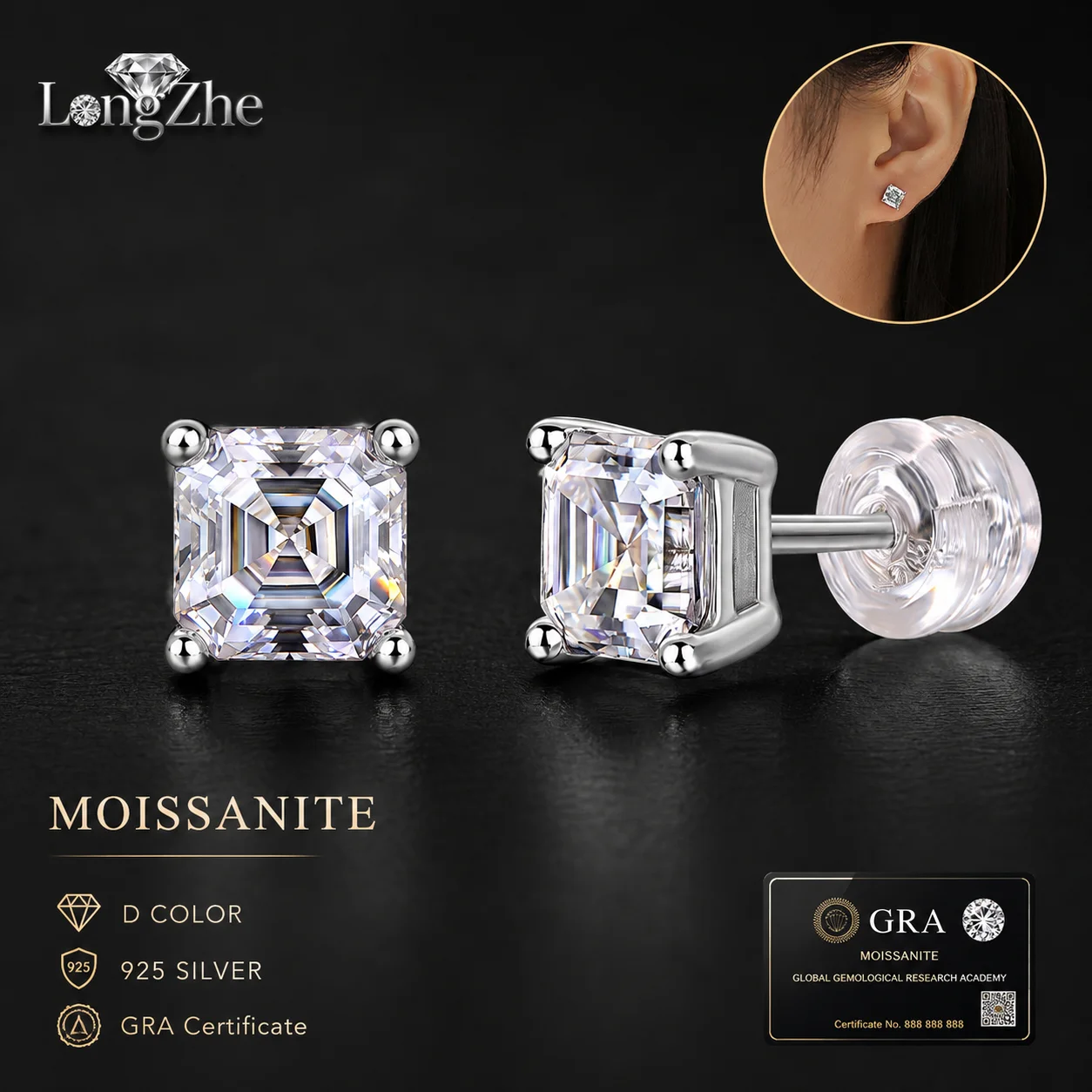 Moissanite Stud Earrings for Women 1CT 5.5mm Princess Cut S925 Sterling Silver Solitaire Wedding Birthday Fine Jewelry Gift