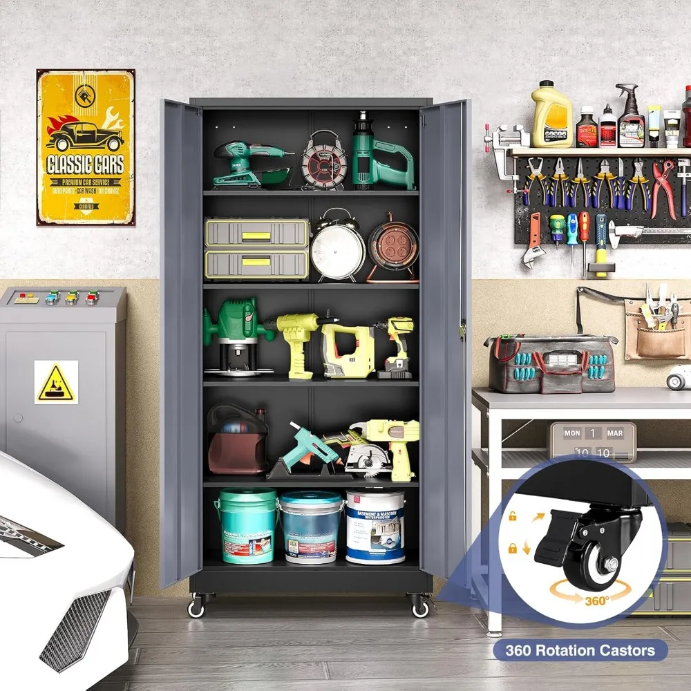 Gabinete de garaje de metal con ruedas, gabinete de almacenamiento alto con 4 estantes ajustables y 2 puertas, gabinete de herramientas bloqueable para garaje H