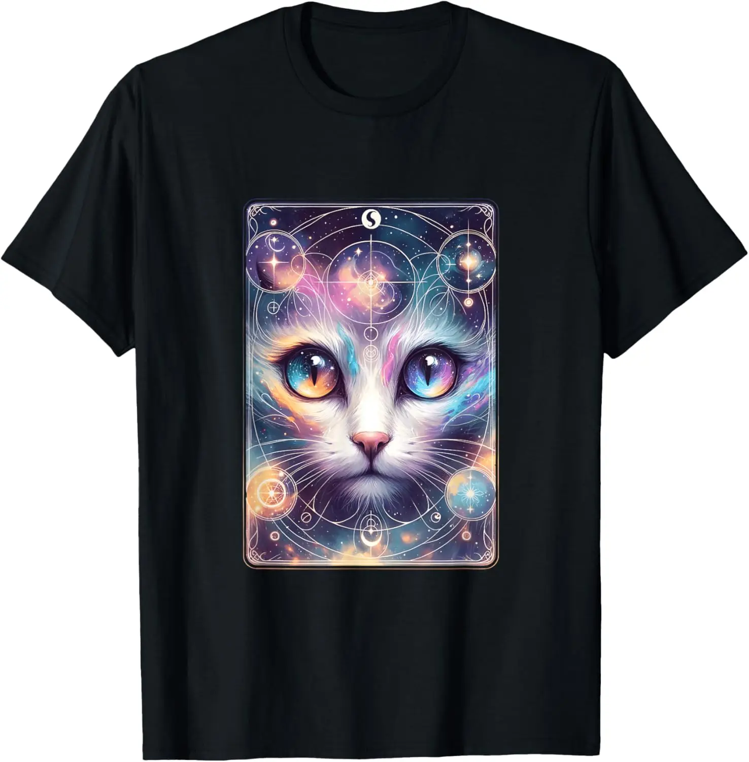 Colorful Mystical Cat Tarot Card Magical Wiccan Astrology T-Shirt 100% Cotton Trendy Y2K Short-Sleeve Tee-Soft, Quick-Drying,