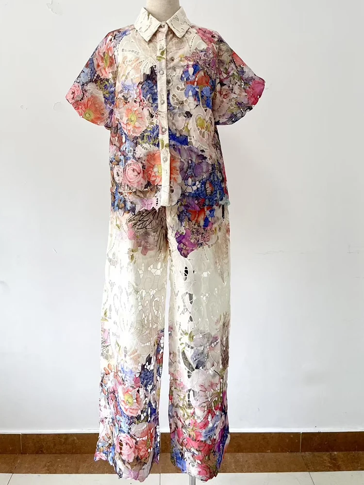 

2025 Summer New Two-piece Women's Suit Embroidered Hollow Short-sleeved Printed Shirt Jacket Elastic Waist Wide-leg Pants