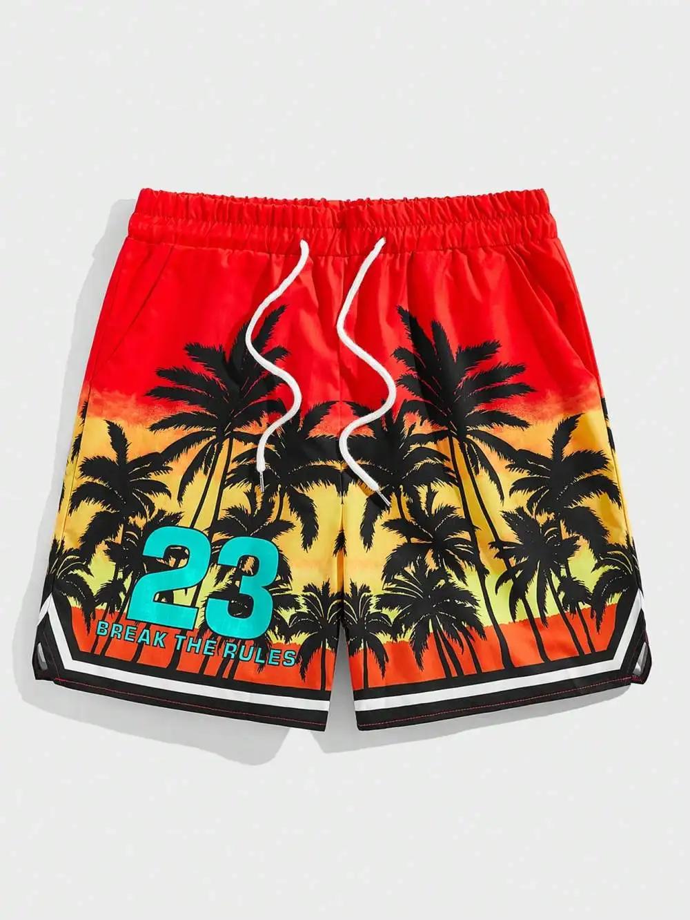 ROMWE Street Life Men's Summer Holiday Casual Contrast Color Coconut Tree & Letter Print Drawstring Waist Shorts