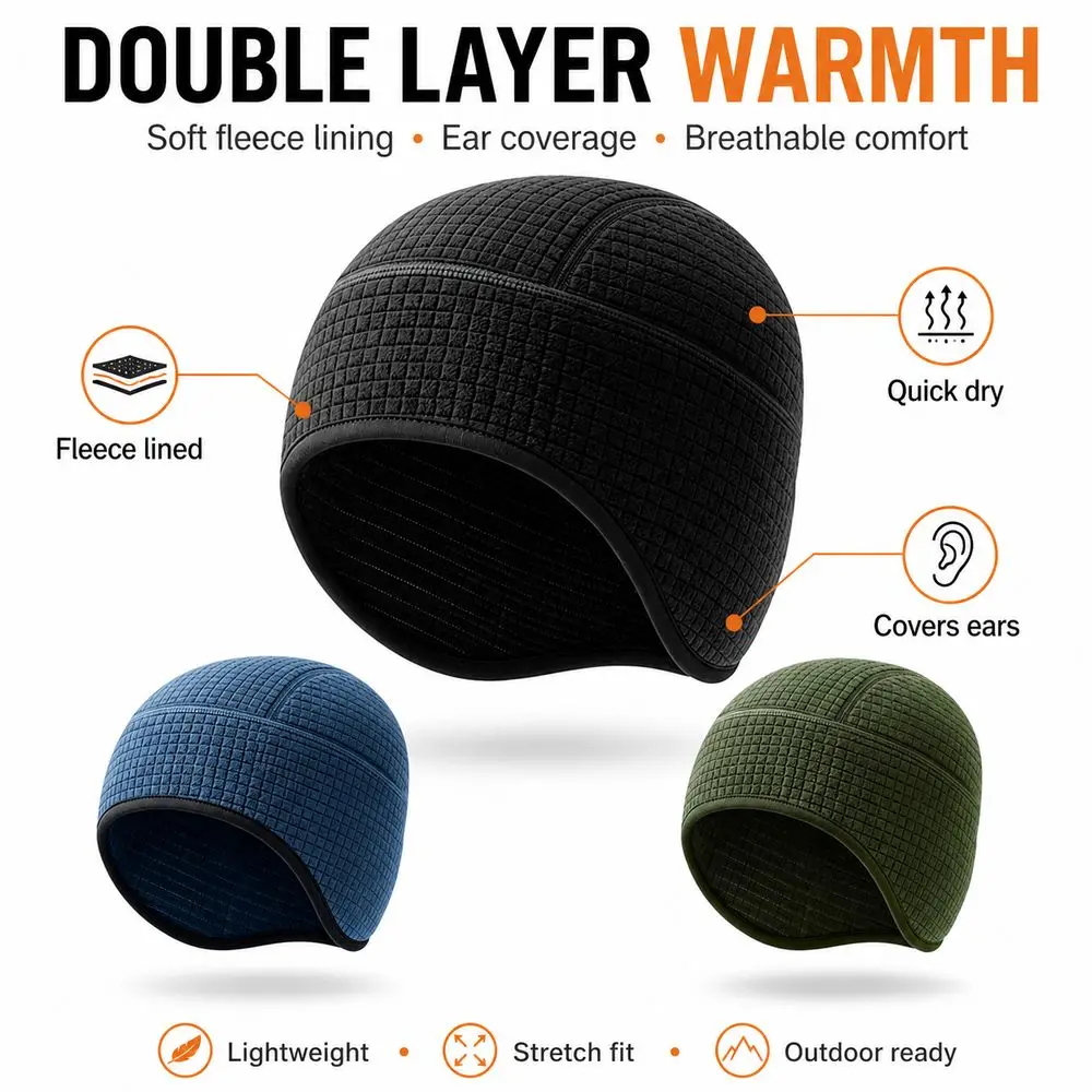 Double Layer Winter Beanie Ear Coverage Breathable Thermal Skull Cap Quick Dry Fleece Lined Ear Flap Beanie Running and Cycling