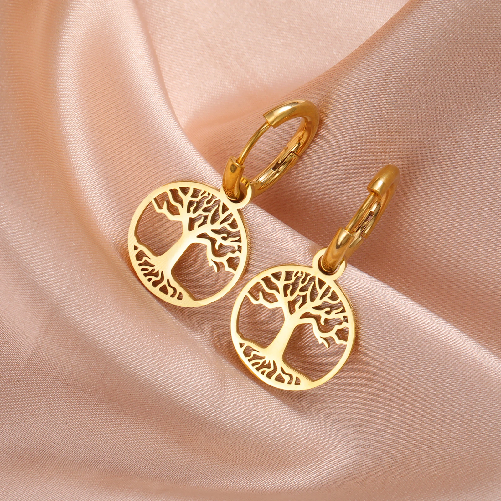 Skyrim Tree of Life Pendant Drop Earrings Stainless Steel Gold Color Hoop Earring Vintage Amulet Jewelry New Year Christmas Gift