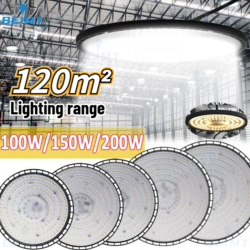 ufo high bay light iluminacao industrial led para garagem ginasio fabrica armazem impermeavel 1200lm 200w 4500k 6000k 100w 150w ip65 01