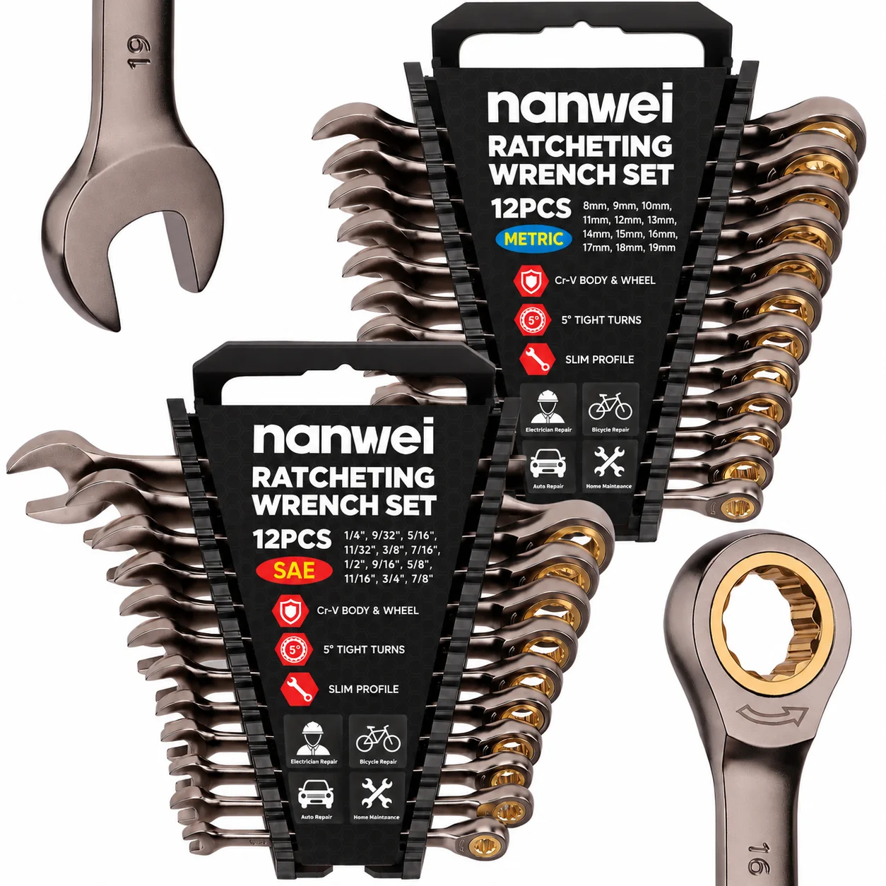 24Pcs Ratcheting Combination Wrench Set, 12 Metric &12 SAE Size, 72-Tooth 5° Swing Arc 12-Point Box End, CR-V Steel Ratchet Spanner Kit, Open & Box End Wrench for Auto Motorcycle Bicycle Repair