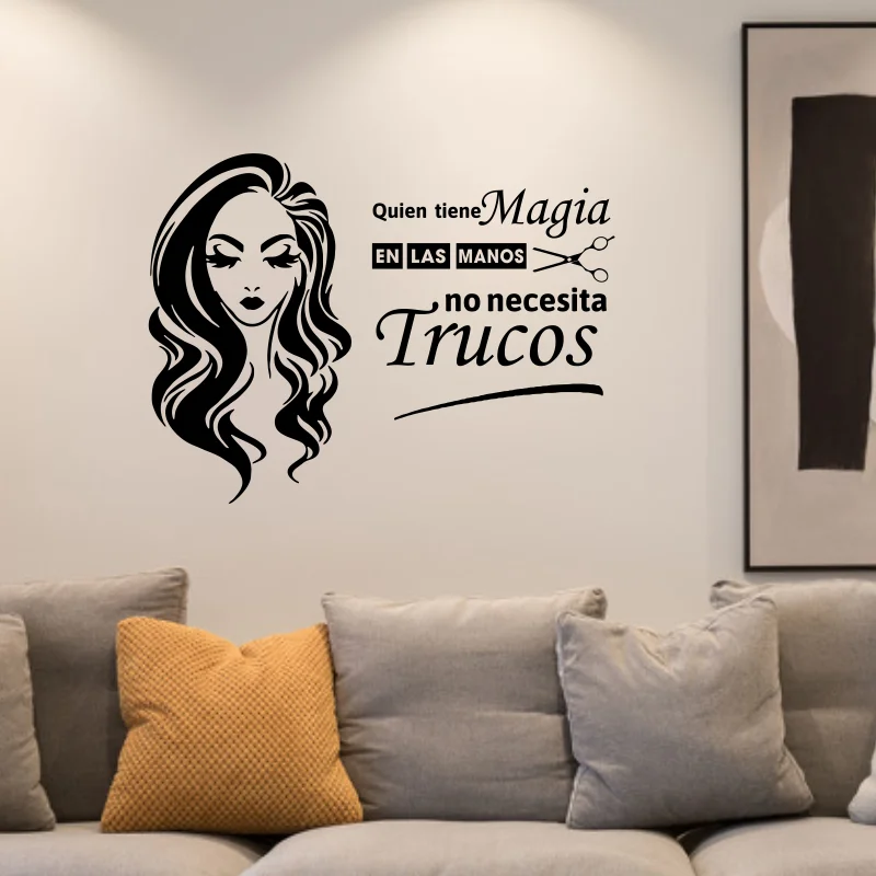 Spanish Beauty Salon Hairdressers Who Has Magic Trucos Women Wall Stickers Vinyl Hair Nail Spa Shop Window Glass Decals #57
