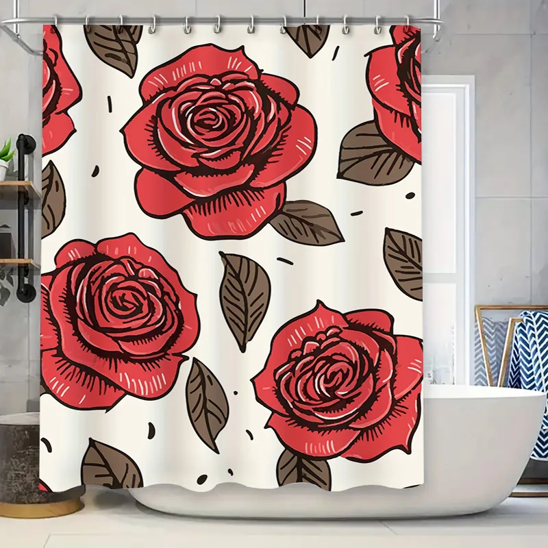 

Занавеска для душа с принтом красной розы, водонепроницаемая ткань, декор для ванной комнаты, аксессуары для украшения дома, темно-красный цветочный дизайн с черным цветочным принтом