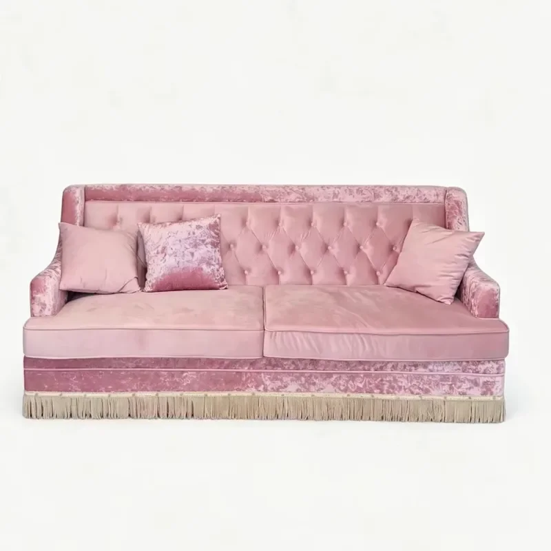 Pink Velvet Sofa with Fringed Trim and Pull Down Buttons for Small Apartments