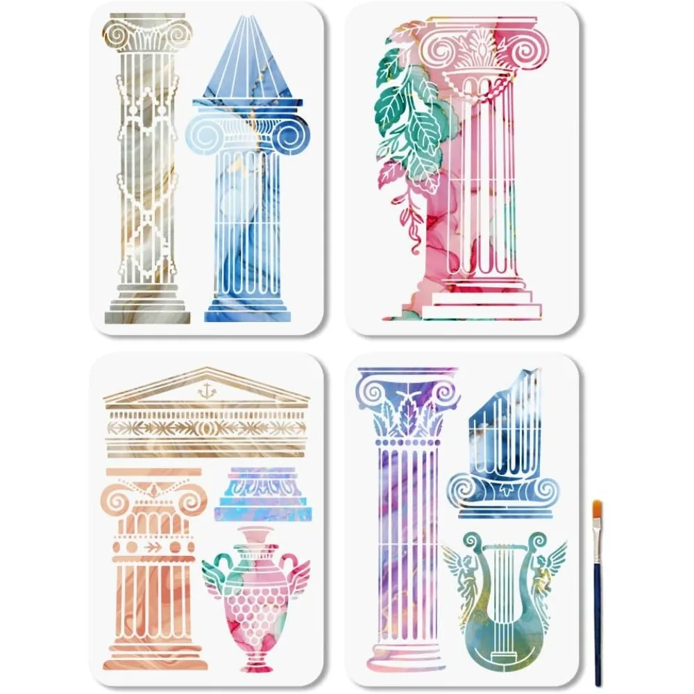 4 Pcs Rome Ancient Column Stencils Greek Temple Stencil for Painting 11.7×8.3 Inch/29.7×21cm Roman Buildings Drawing