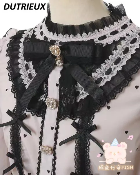 Imagem -05 - Camisa de Manga Comprida Estampada com Coração Feminino Blusa de Costura com Laço Doce Série Mina Lolita Japonesa Primavera Novo Produção em Massa 2024