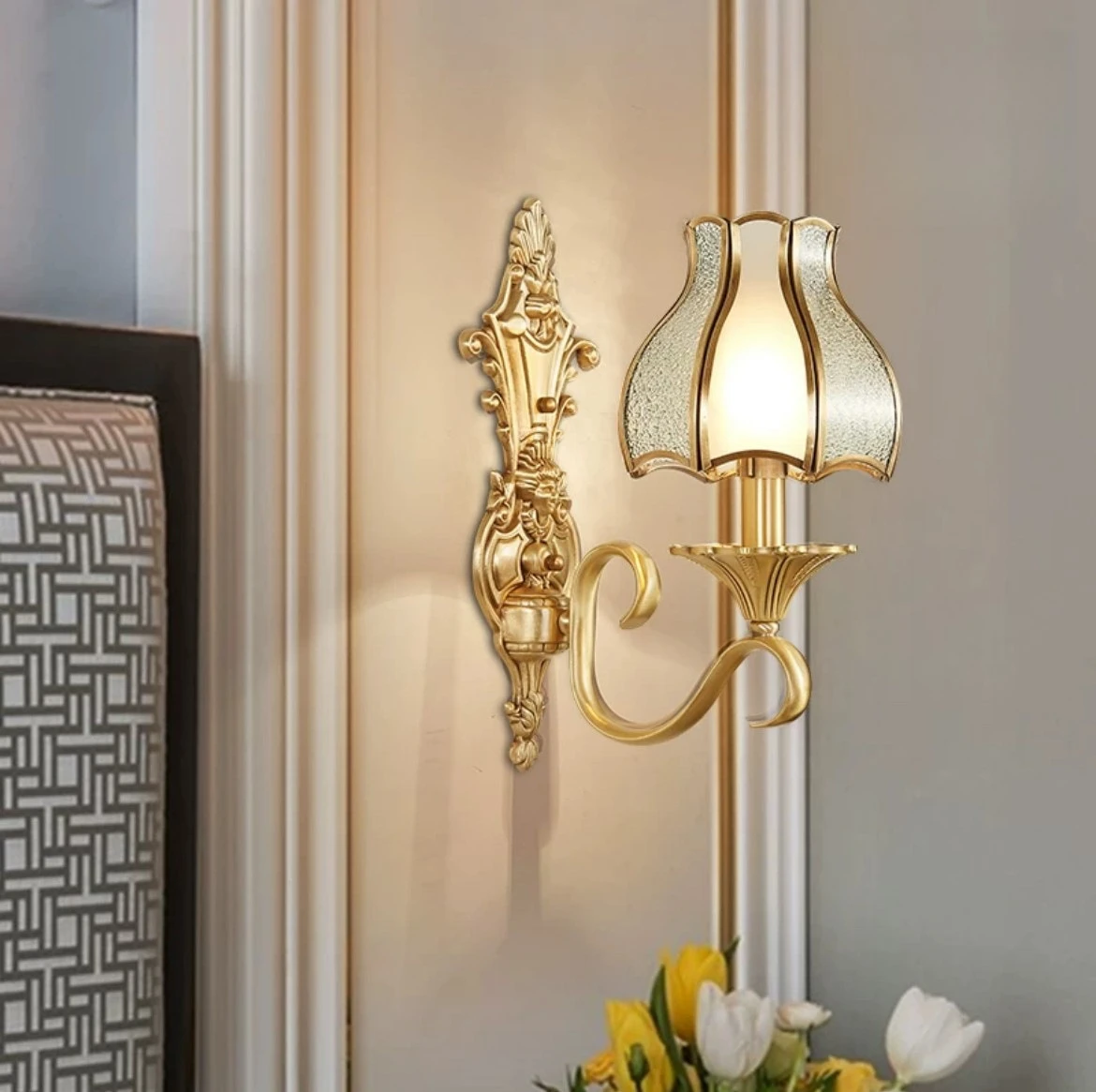 All-copper American medieval style living room wall lamp European retro dining room bedroom ambient light decorative