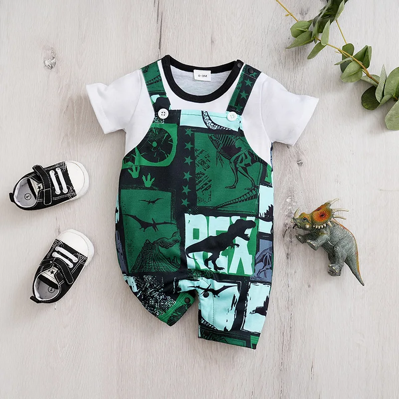 Summer Boys and Girls Cute Cartoon Comics Dinosaur Comfortable Casual Short Sleeve Round Neck Baby Bodysuit