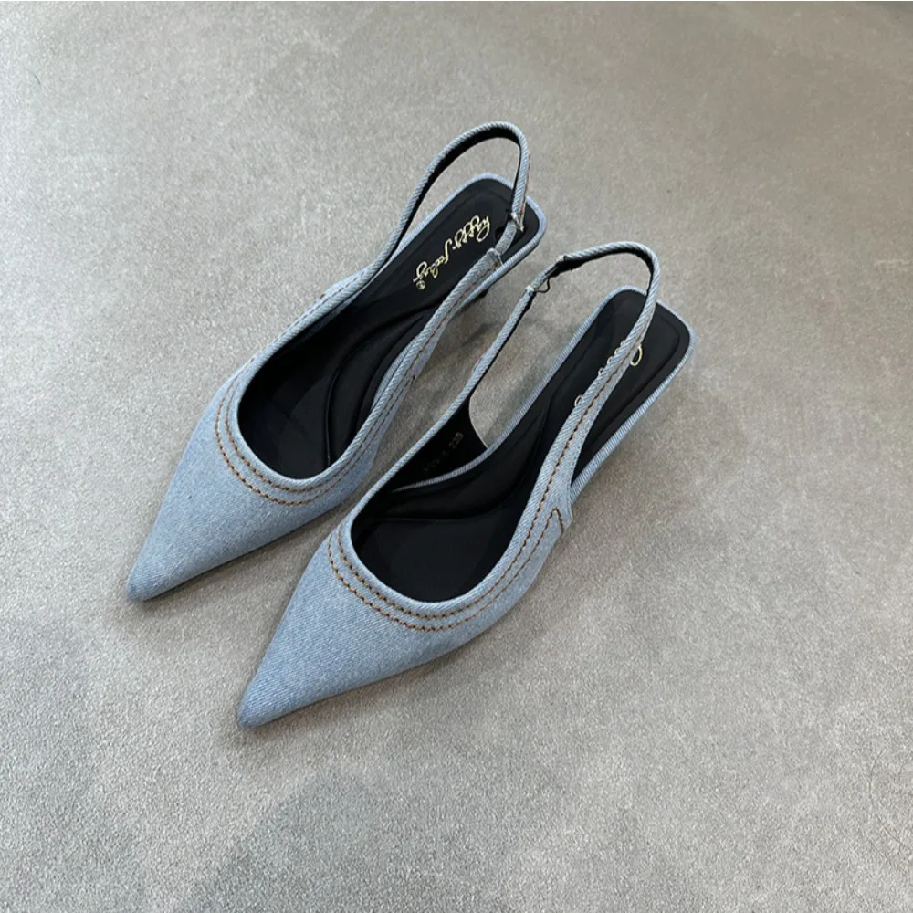 Sandals for Women 2026 Summer Denim Toe Caps High Heels Slim Heels Pointed Toes Empty Sandals Women's Single Shoes Luxury Shoes