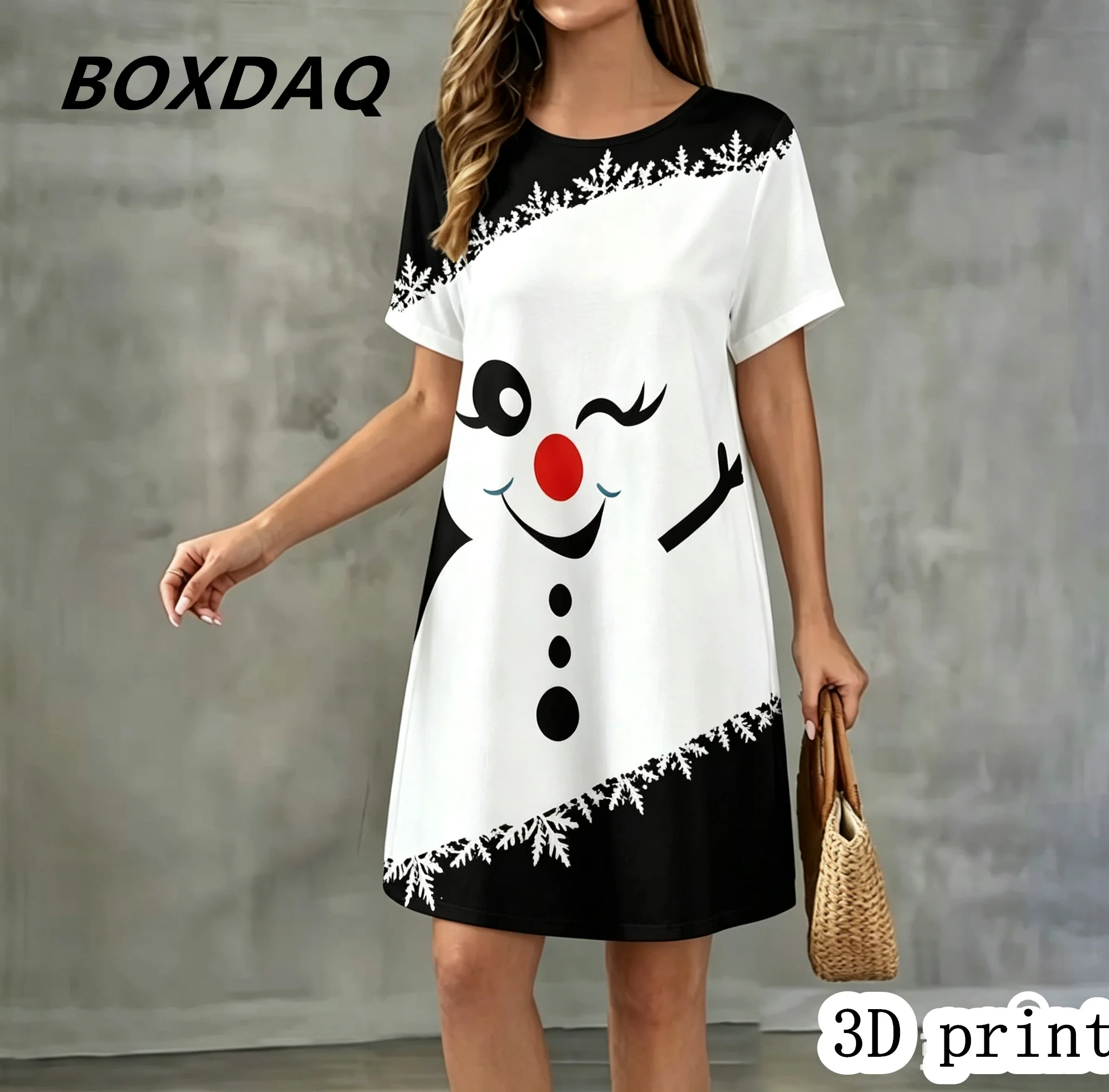 Elegant Christmas Snowflake Pattern Women Dress Summer New Short Sleeve O-neck 3D Print Loose Casual Dress Big Size 3XL Vestidos