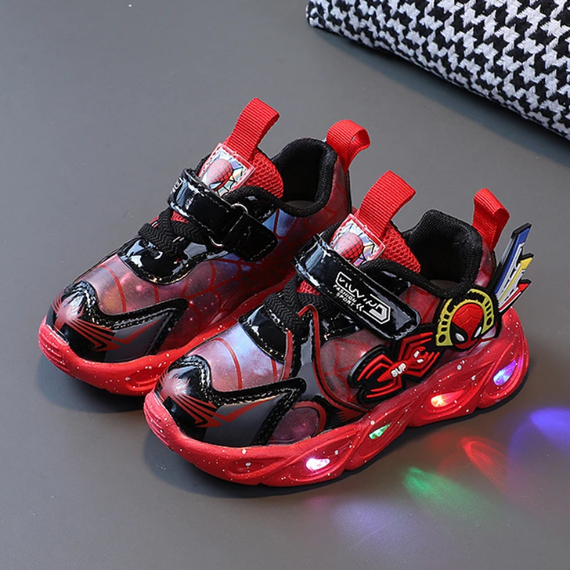 Disney LED Children\'s Sport Shoes  Boys Spiderman Sneakers Toddler Walking Shoes Anti-slip Kids Outdoor Shoes Pu Leather Shoes