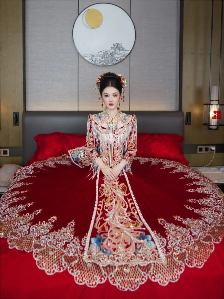

Velvet dress new Chinese-style wedding luxurious attire toasting and launching ceremony