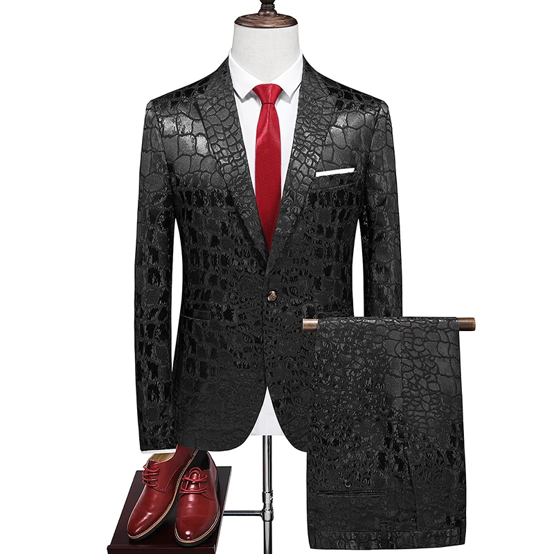 

(Jacket + Pants) Classic Men Wedding Banquet Jacquard Suits Fashion Male Business Social Wedding Ball Party Dress Sets