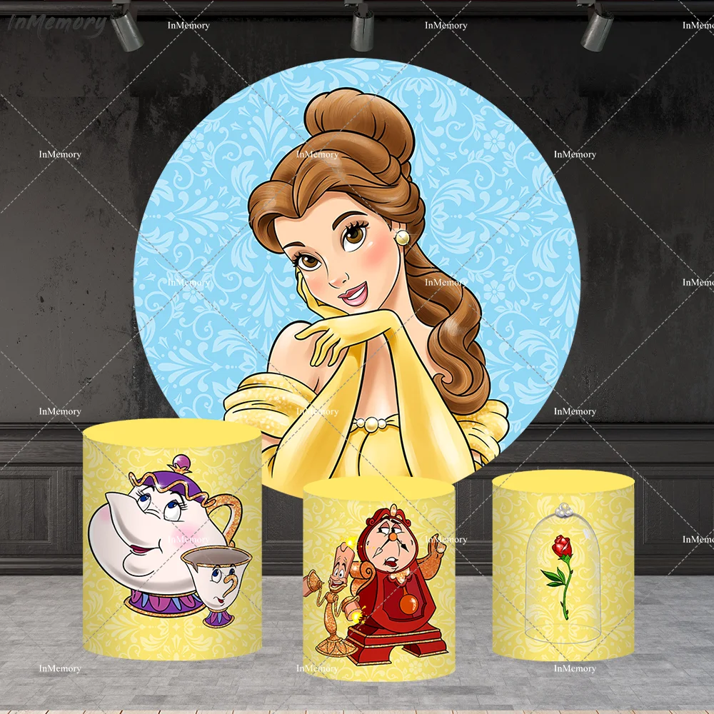Круглый фон принцессы Белль для детей, украшение для детского душа, дня рождения, вечеринки, фотография, фон, крышка цилиндра