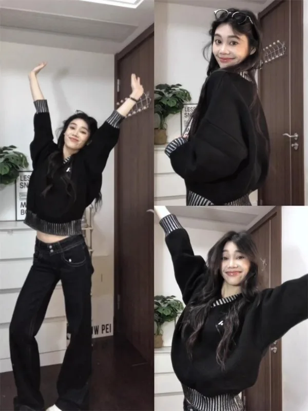 

Женский свитер оверсайз в американском ретро-стиле с цветными блоками, V-образным вырезом, свободный, мягкий, универсальный, вязаный, осенне-зимний