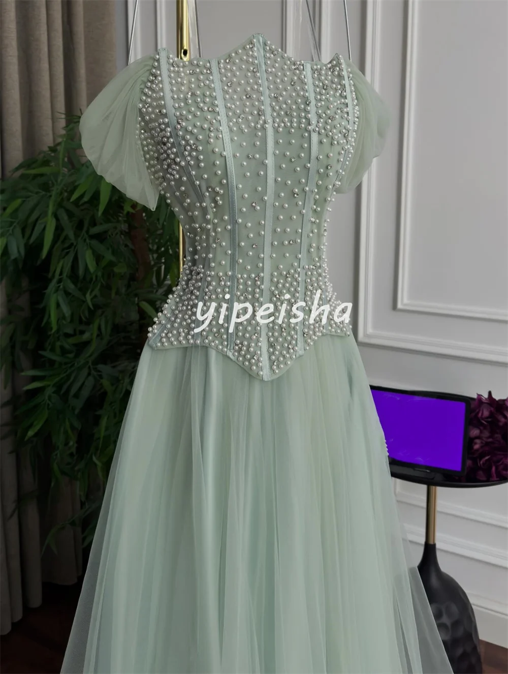 تخصيص مطابقة معقدة تول الطية اللؤلؤ ألف خط خارج على الكتف فساتين طويلة فساتين السهرة الأحجام المتاحة رائعة #5