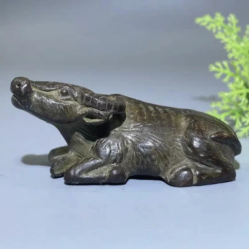 Antique Bronze Ox Figurine - Reclining Bull Tea Pet Ornament Tea Table, Home Desktop Display and Oriental Art Collection Gift