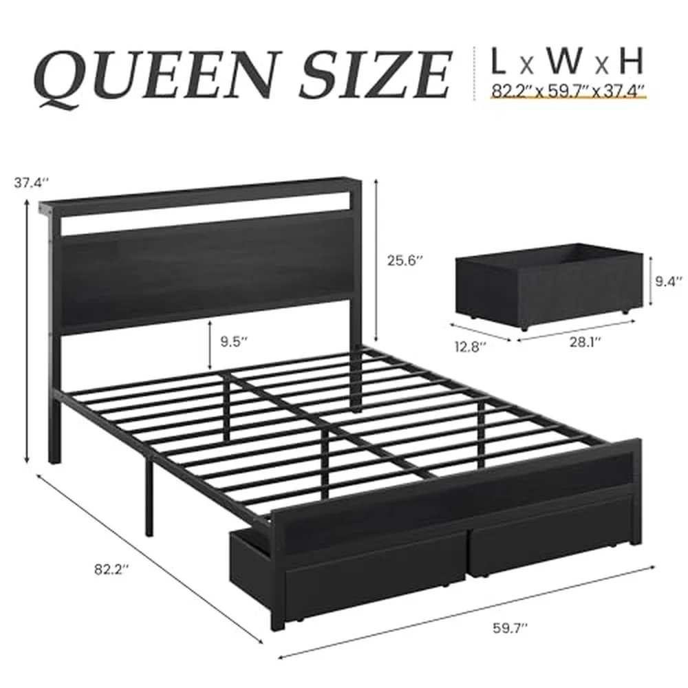 Queen Bed Frame with Storage Wood Headboard with Fast Charging Station LED Lights Platform Bed Frame Queen Size Fabric