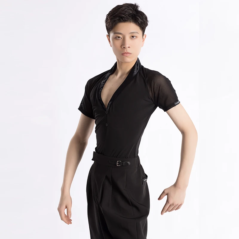 personalizzato uomo adulto costume da ballo latino performance tuta da allenamento scollo a V splicing top a maniche corte abito da ballo standard