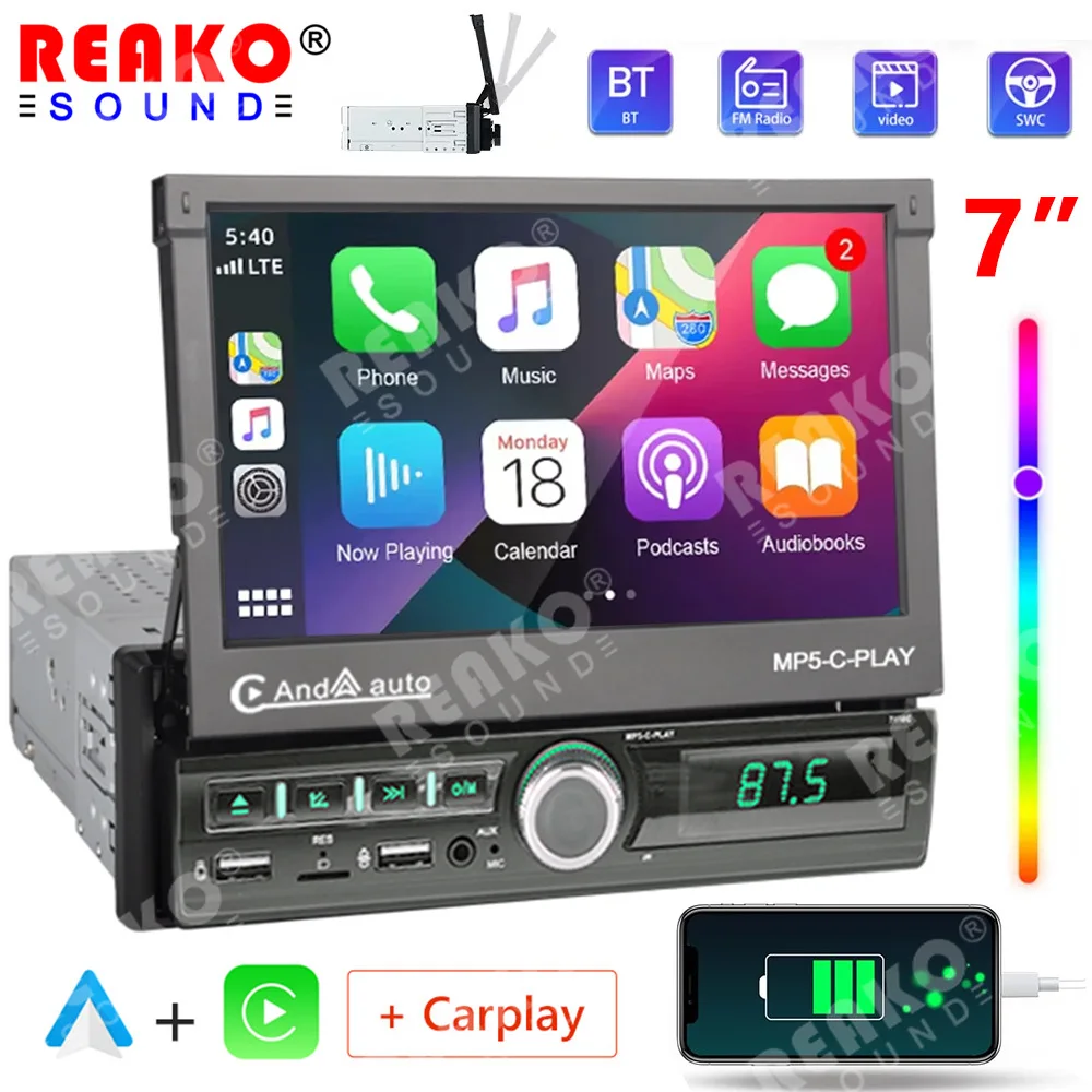 

REAKOSOUND 7 Inch Retractable Screen Car Radio Stereo Universal Multimedia Video Player CarPlay Android Auto BT FM NO 1 Din DVD