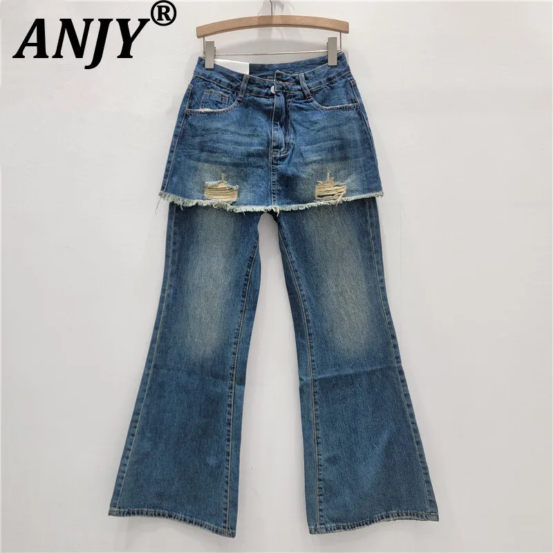 

ANJY 2025 ранняя осень новые женские американские искусственные двухсекционные джинсы Bootcut Ins модные нишевые утягивающие расклешенные джинсовые брюки A11963