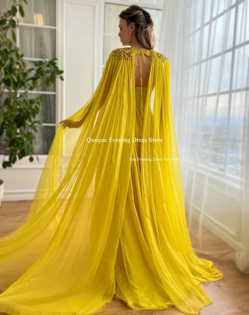 Qunque New Customized Party Evening Dress Celebrity Gowns High Slit Evening Dress With Detachable Crystals Cape Vestidos De Gala