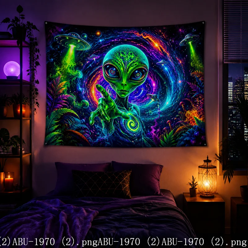 VIKAMA UV Blacklight Alien Mushroom Tapestry Psychedelic Galaxy UFO Glow Wall Hanging For Gaming Bedroom Decor Banner