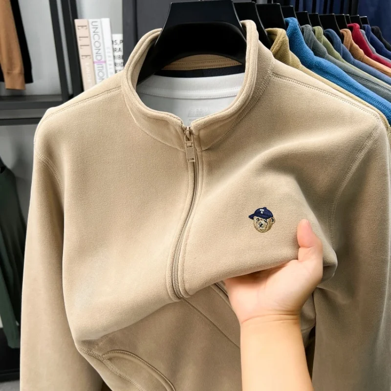 

High quality men's zipper stand collar coat luxurious brand embroidery fashion pocket soft plush warmth new trend casual jacket