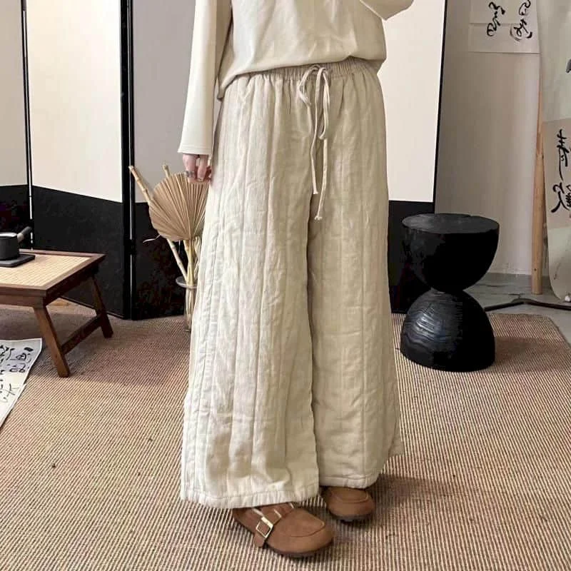 Solid Wide Leg Pants for Women Winter Vintage Korean Style Trousers Casual Quilted Lightweight Cotton Added Pants Women Clothing