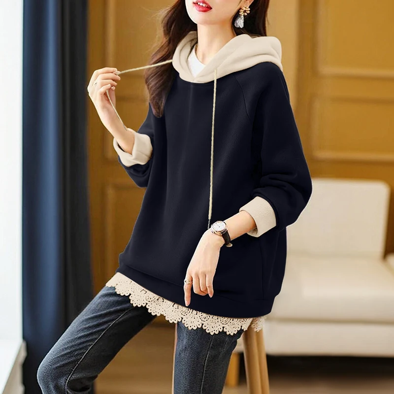 

ZANZE осенние толстовки женские толстовки с длинными рукавами 2026 модные зимние топы с капюшоном повседневные свободные лоскутные кружевные джемперы пуловеры