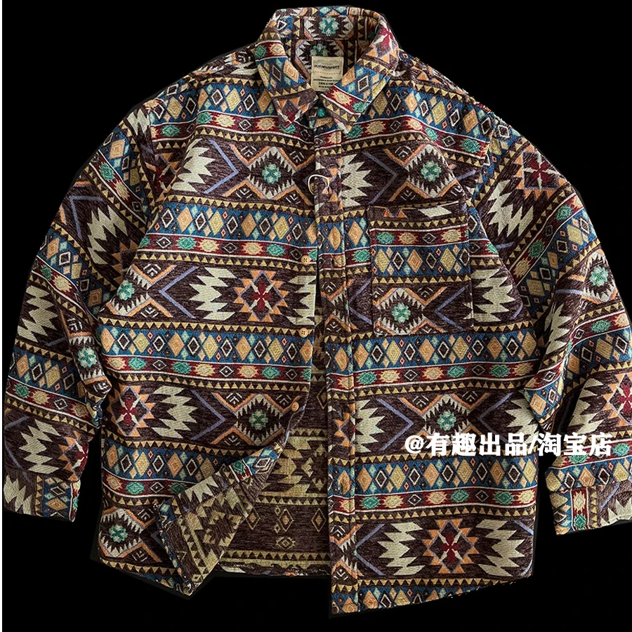 

Жаккардовая рубашка-куртка Artisan, американская тяжелая рубашка с принтом в стиле ретро и этническим узором, негабаритный уличный стиль для мужчин