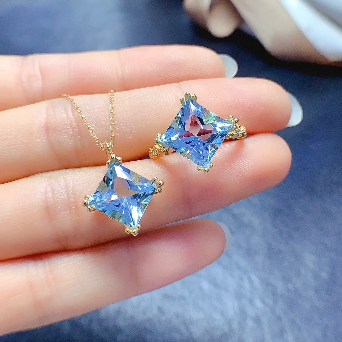 

9mm Redion Natural Topaz Ring Pendant 2pc Set S925 Sterling Silver for Women Design Fashion Fine Charm Weddings Jewelry FS