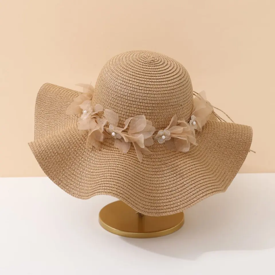 Sombrero de Sol de Moda de Verano para Mujer, Gorra Tipo Pescador Beige con Lazo de Encaje y Flores, Sombrero de Paja Panamá para Playa, Regalo para Actividades al Aire Libre