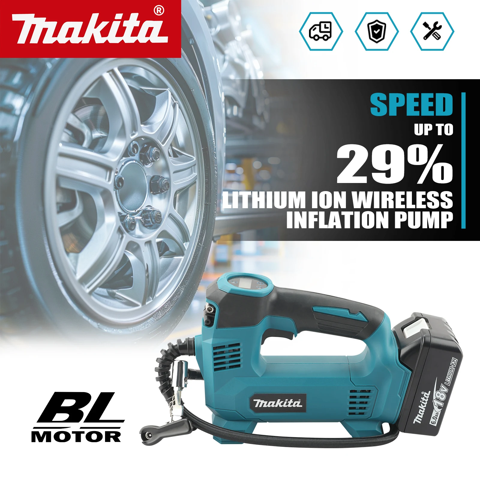 

Makita Li-ion Wireless Inflator No-load Speed 6.0Ah Battery Nylon Braided Hose Rubber Handle for Vehicle Outdoor Inflation Tools