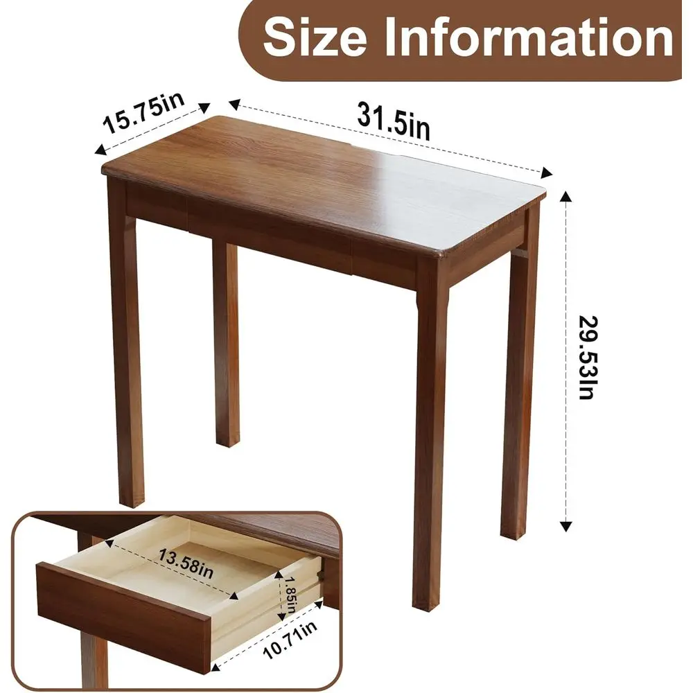 مكتب خشب مطاطي حديث من خشب الجوز مقاس 32 × 16 في منتصف القرن مع أدراج للمساحات الصغيرة #2